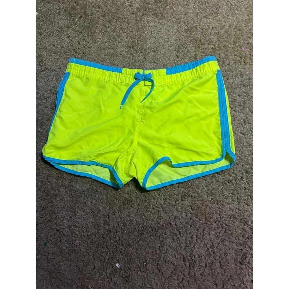 OP Ocean Pacific Kids Neon Yellow Blue Board‎ Shorts Swim Trunks Size M Y2K